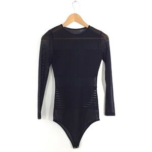 Angl women's sexy black striped mesh long sleeve bodysuit M
